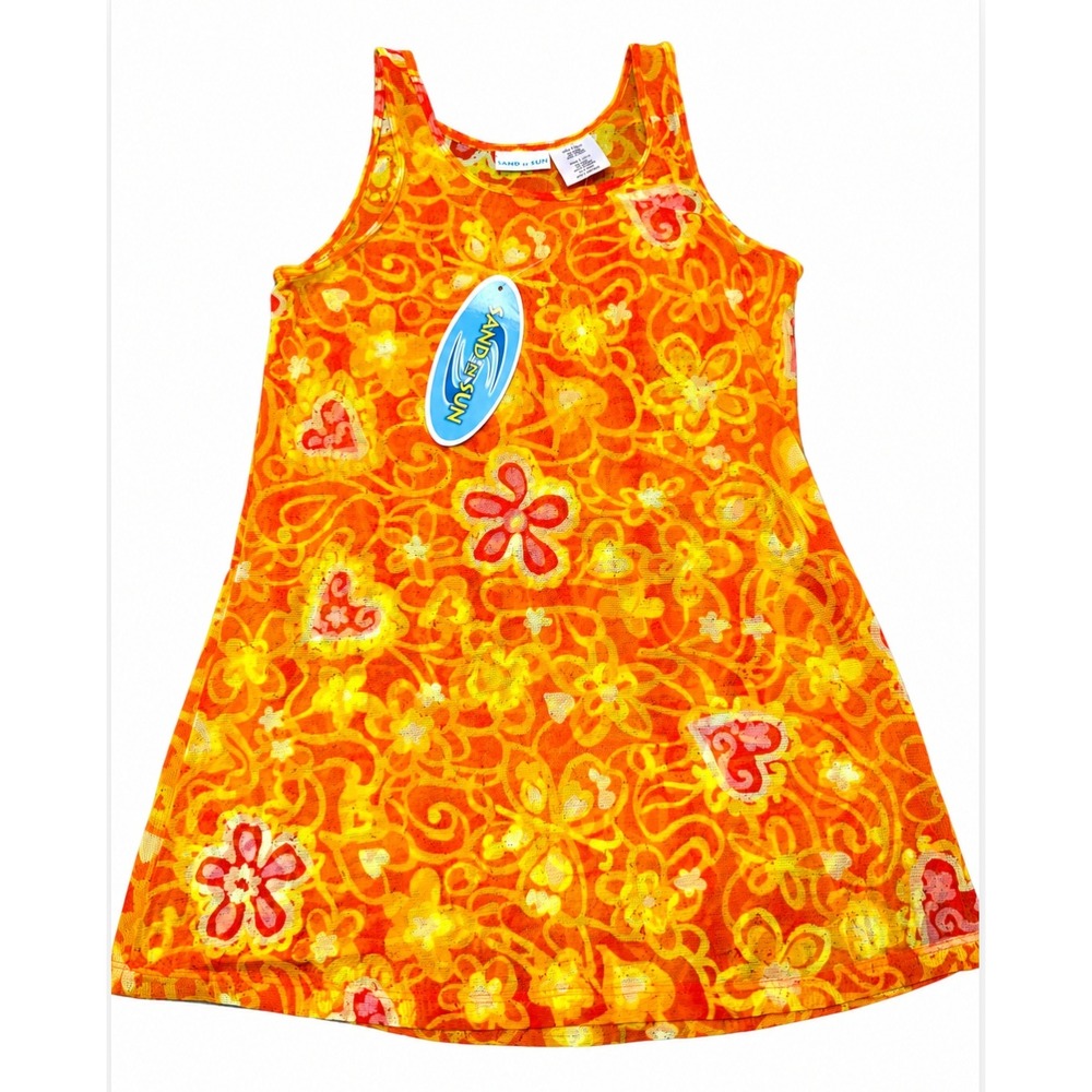 Sand N Sun Girls Orange Floral Mesh Swim Cover Up Dress Size L 10/12 NWT Y2K